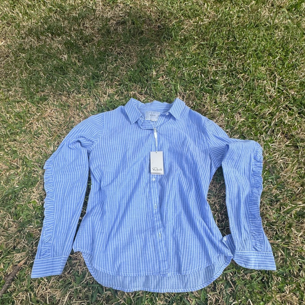 NWT Rails Lizzi Button Front Pinstriped Ruffle Trim Blouse Top Coastal Size M - Picture 3 of 9